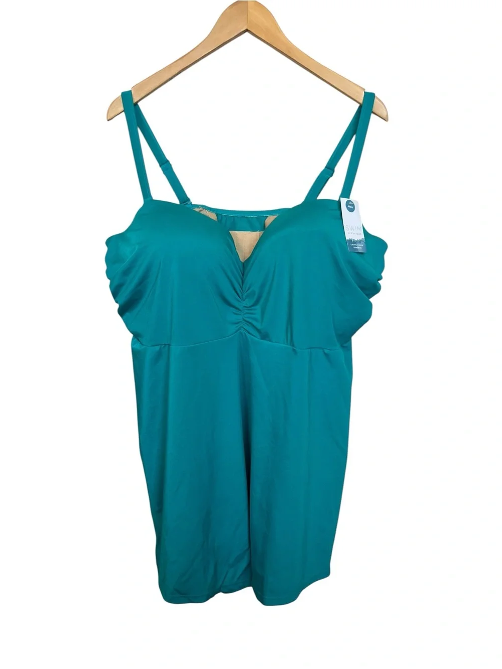 Swim By Cacique 46DD Teal Adjustable-Strap Lightly Line Bandeau Swim Tankini Top